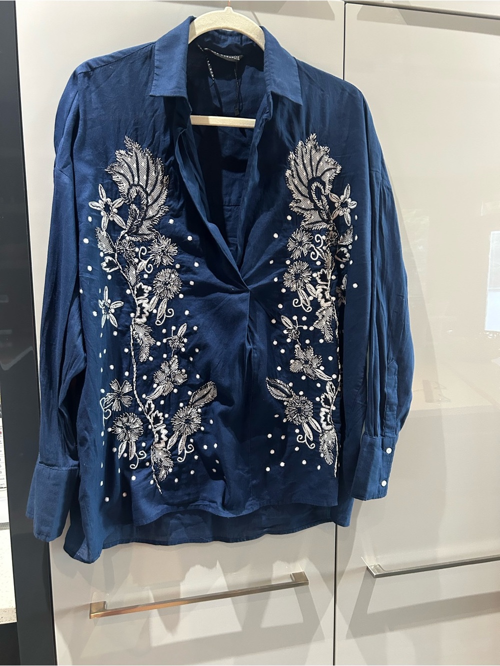 Zara Navy Blue Button-Down Shirt with White Embroidery